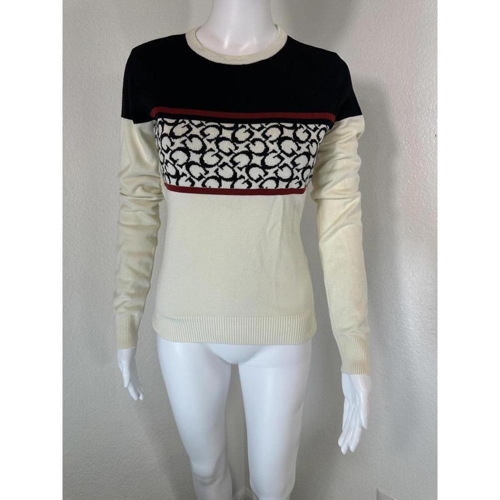 Guess M Mayla Color Block Cream Black Logo Knit Sweater Y2K Retro Preppy